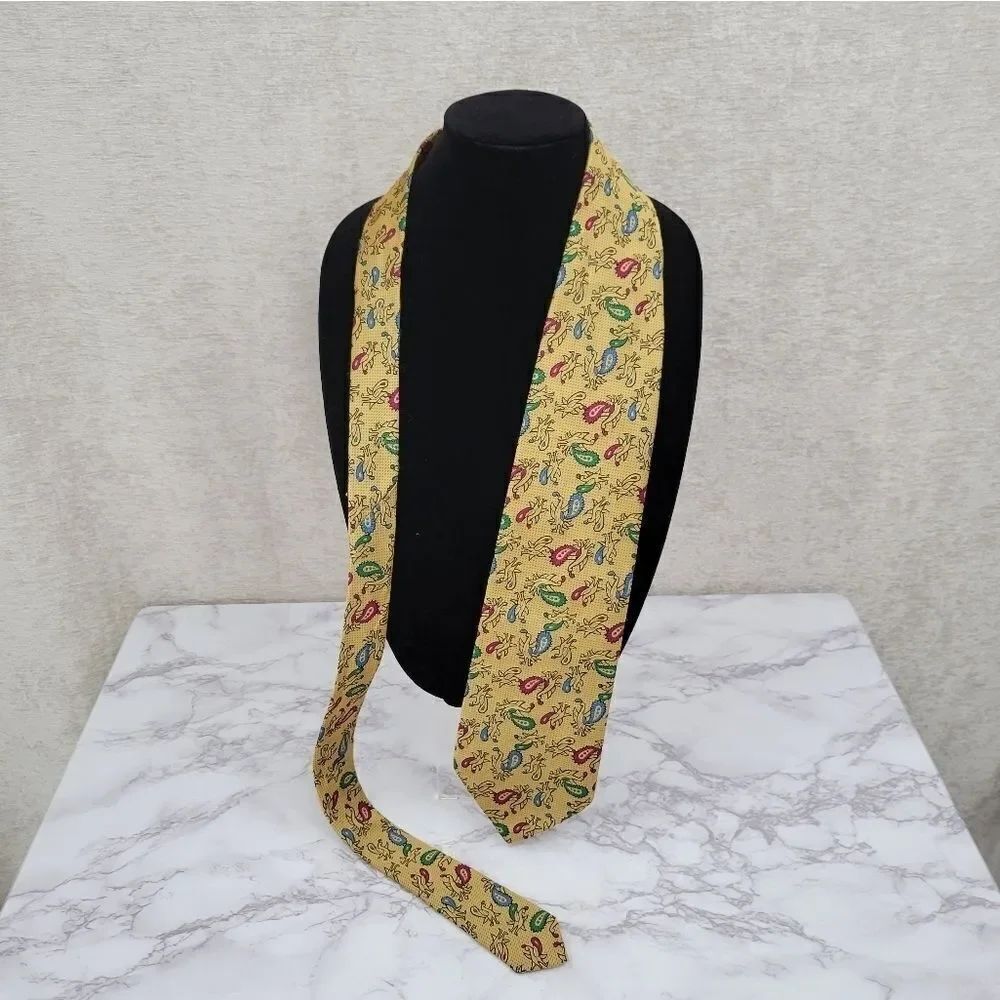 Necktie Partridge Paisley Print Gold Men's Vintage Tie 70s